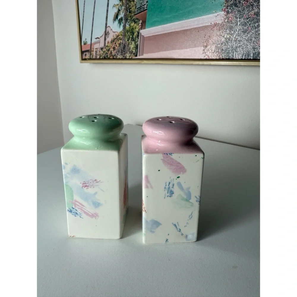Vintage Pastel Abstract Art Salt & Pepper Shakers Japan Pink Green White Ceramic